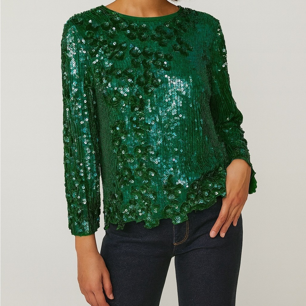 Scala Vintage Long Sleeve Green Sequined Blouse Statement Glam size Medium